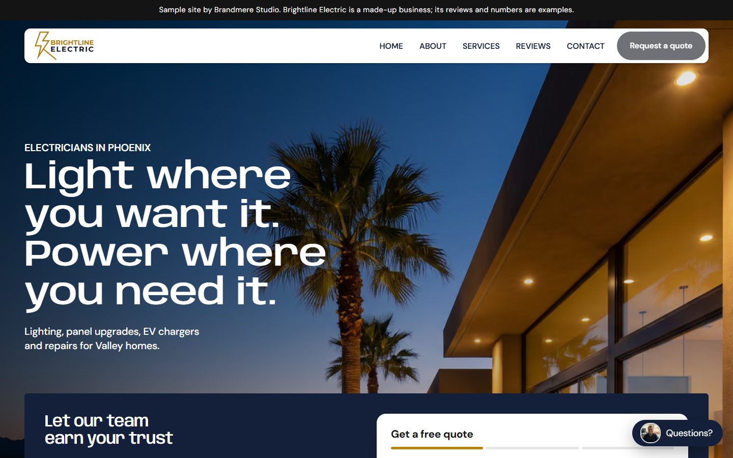 Sample electrician website with a lit modern kitchen