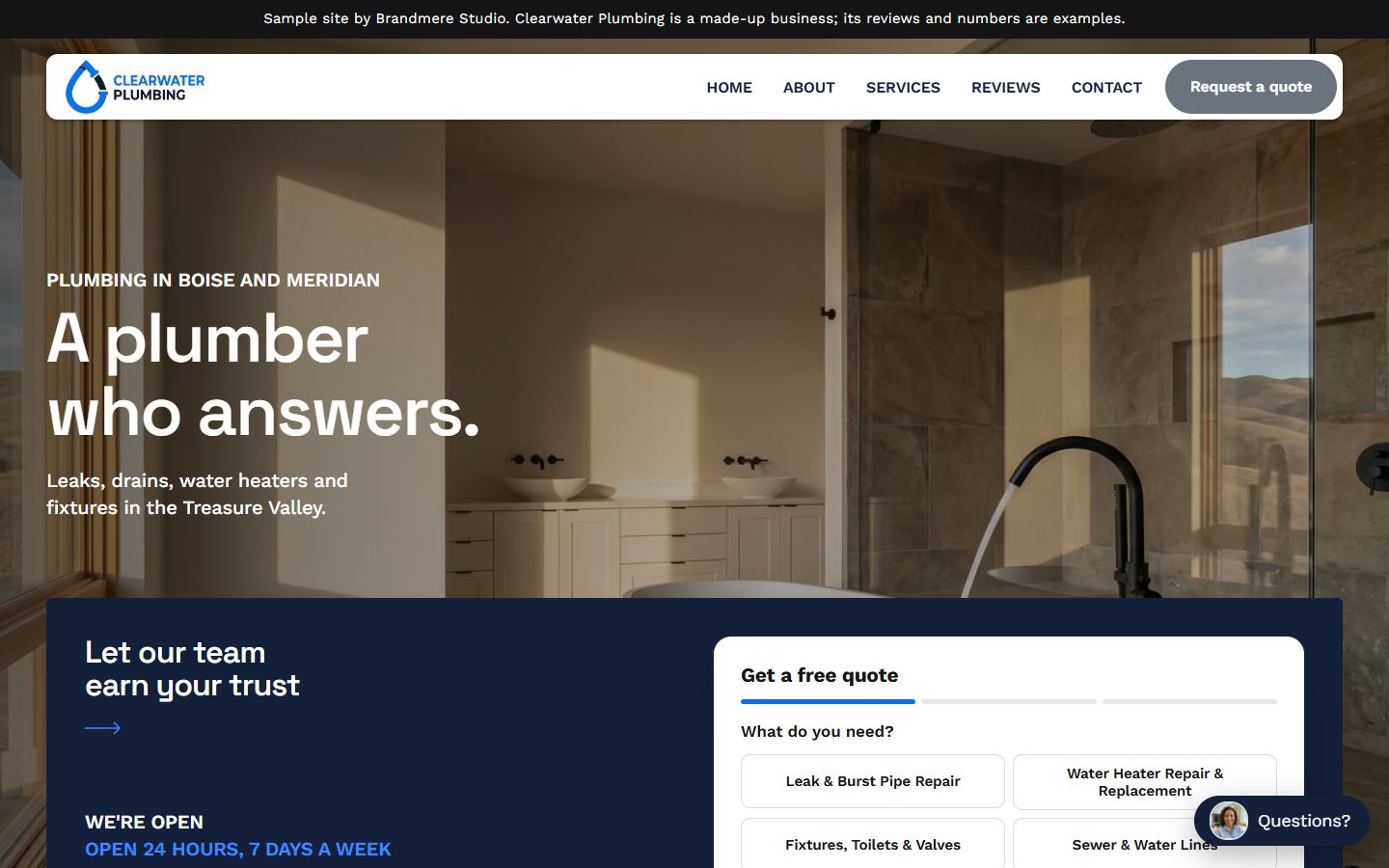 Sample plumbing website with a new bathroom sink