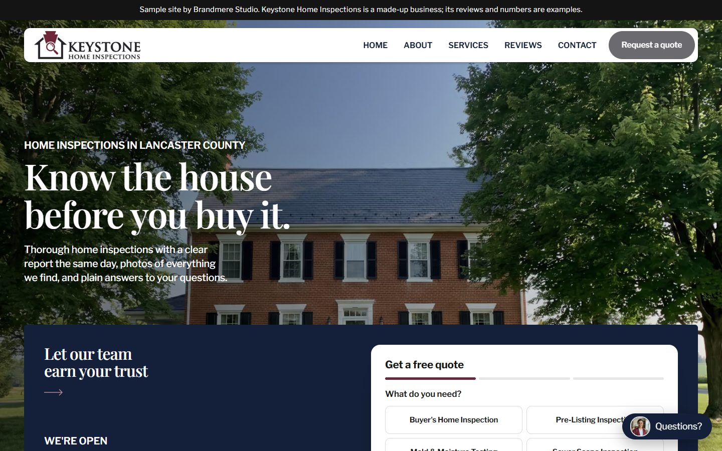 Sample home inspection website with a brick colonial home
