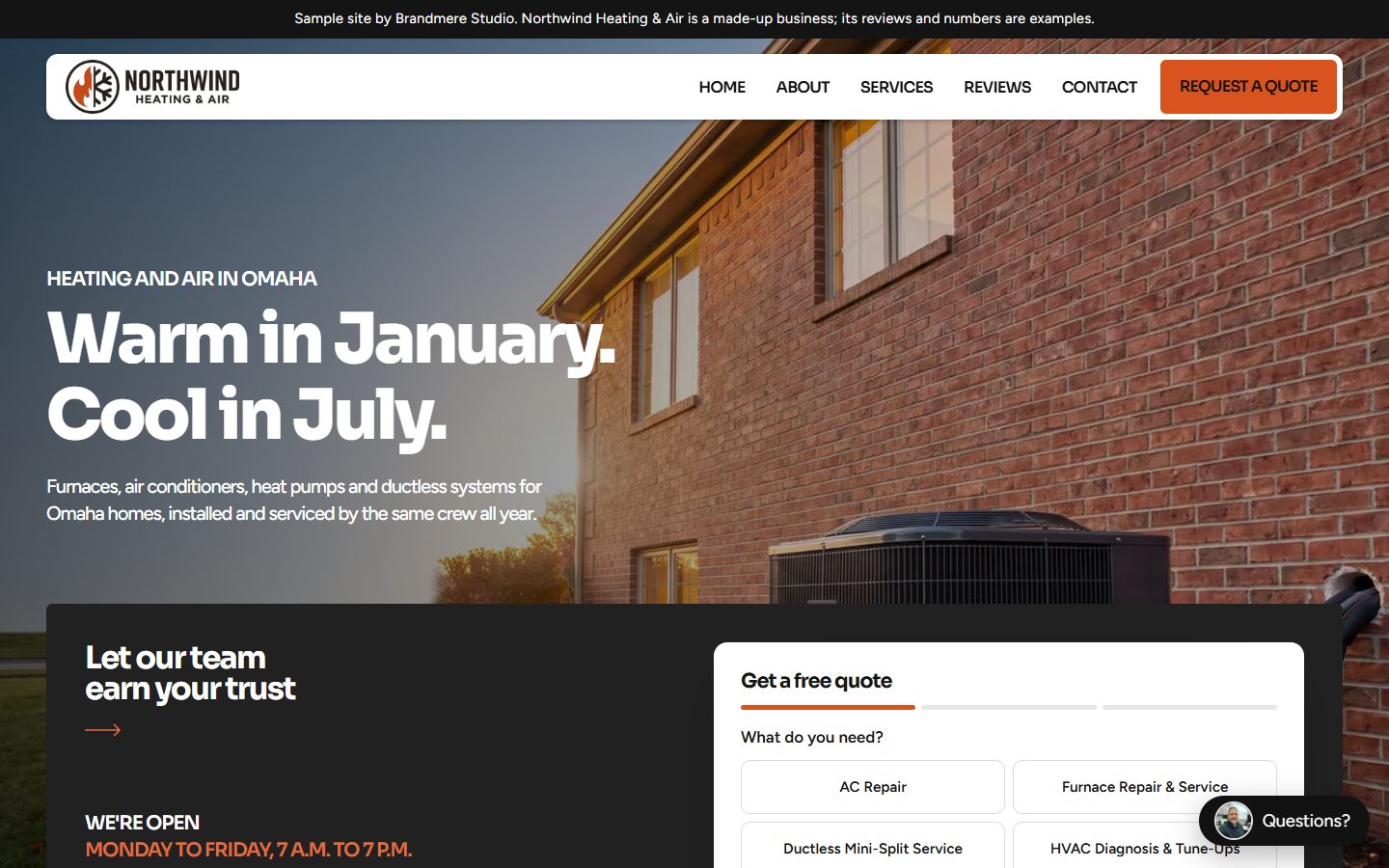 Sample HVAC website with a thermostat on a winter day