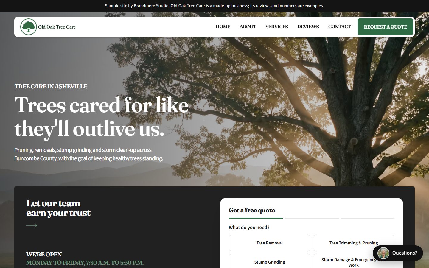 Sample tree service website with a large oak in a backyard
