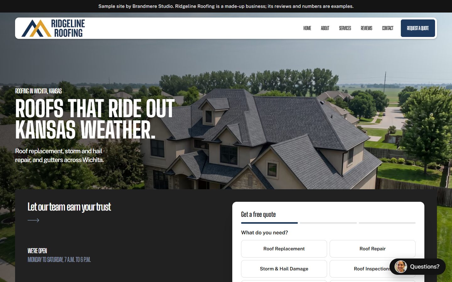 Sample roofing website with a farmhouse under storm clouds