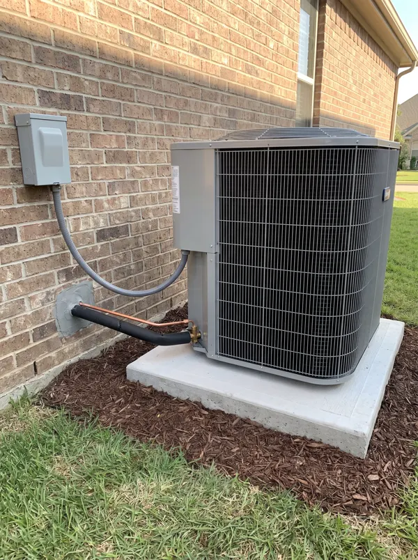 A new air conditioner condenser on a concrete pad beside a brick house